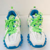 Balenciaga Track Sneakers in White, Blue & Neon Green